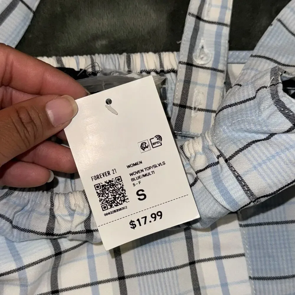 Forever 21 Crop Top Women's Small Blue Plaid Square Neck Smock Back Cottagecore - Picture 7 of 7